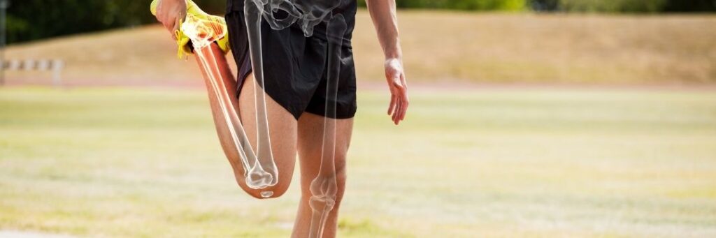 Man on grassy field stretching leg, diagram of bones outlining anatomy