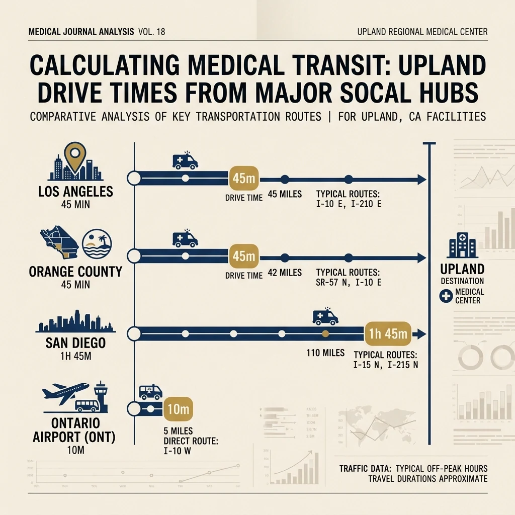 Drive time and transit overview to Premier Limb Lengthening clinic in Upland from Los Angeles, Orange County, and San Diego
