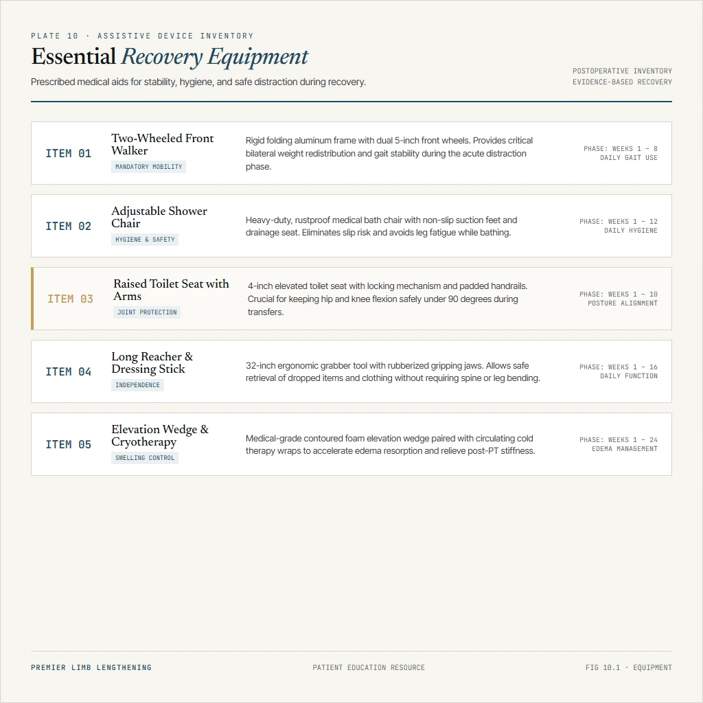 Visual equipment guide showing essential assistive devices for post-operative limb lengthening recovery