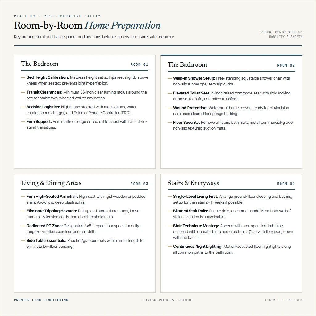 Room-by-room architectural checklist diagram for preparing a home for limb lengthening recovery
