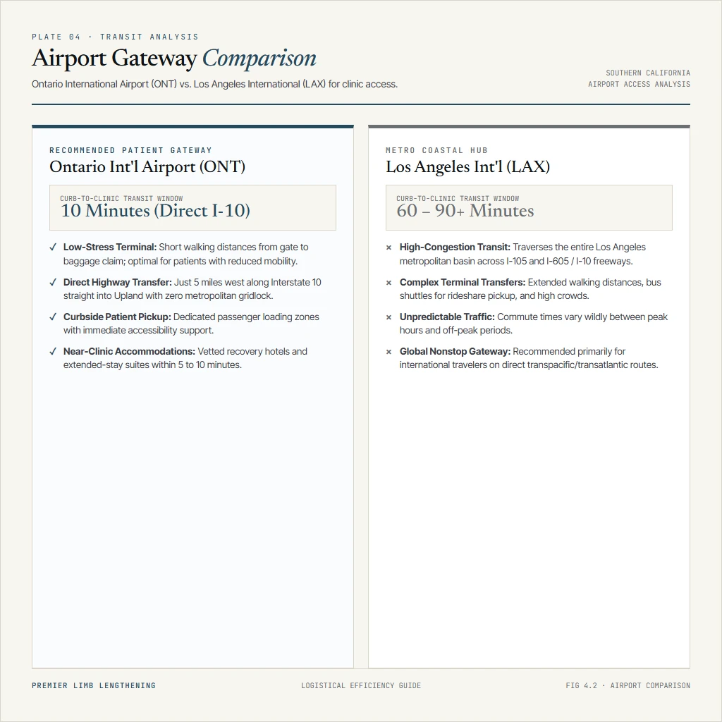 Comparison graphic of Ontario International Airport versus LAX transit times to the limb lengthening clinic