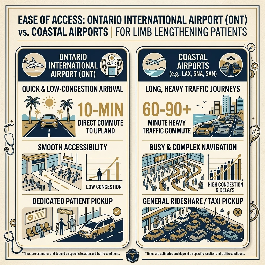 Diagram of Ontario International Airport transit route to Premier Limb Lengthening in Upland CA