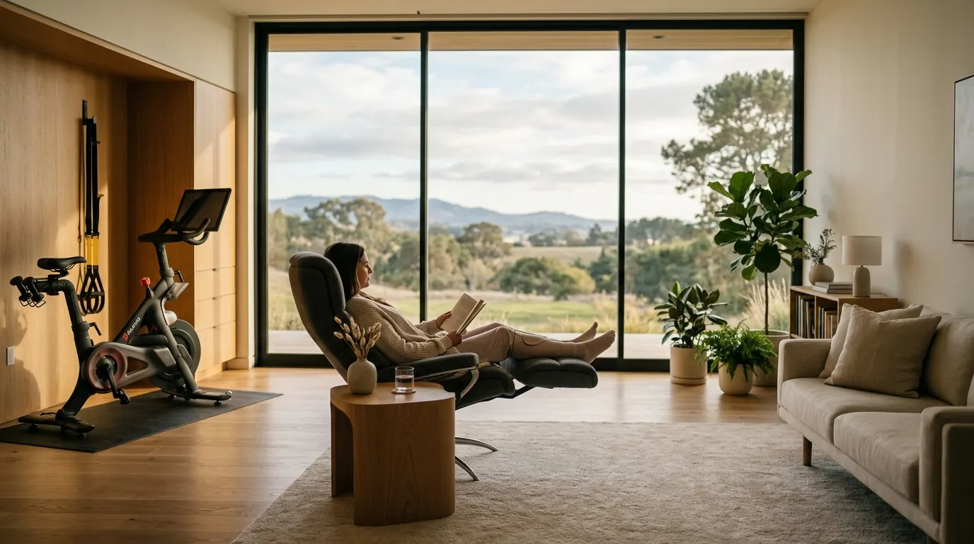 A woman recovering at home reclines in a lounge chair with her legs supported and a book in hand, beside a wide window looking out over rolling hills, with a stationary bike and resistance straps set up nearby for rehabilitation.