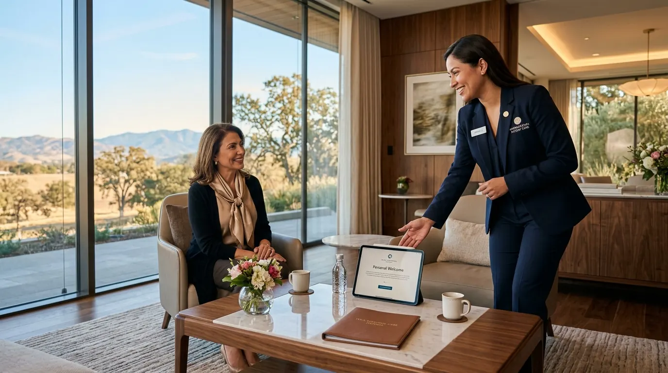 A concierge coordinator in a navy blazer greets a seated patient in a bright reception lounge, a tablet on the coffee table showing a personal welcome screen beside fresh flowers and floor to ceiling windows overlooking rolling hills.