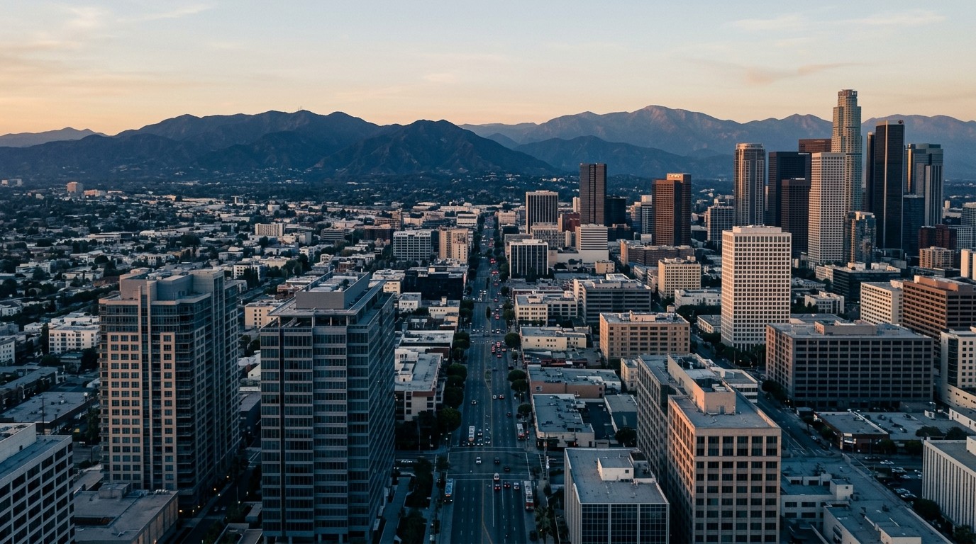 Aerial view of the downtown Los Angeles skyline at golden hour, a wide boulevard of traffic running between high rise towers toward mountain ridgelines on the horizon.
