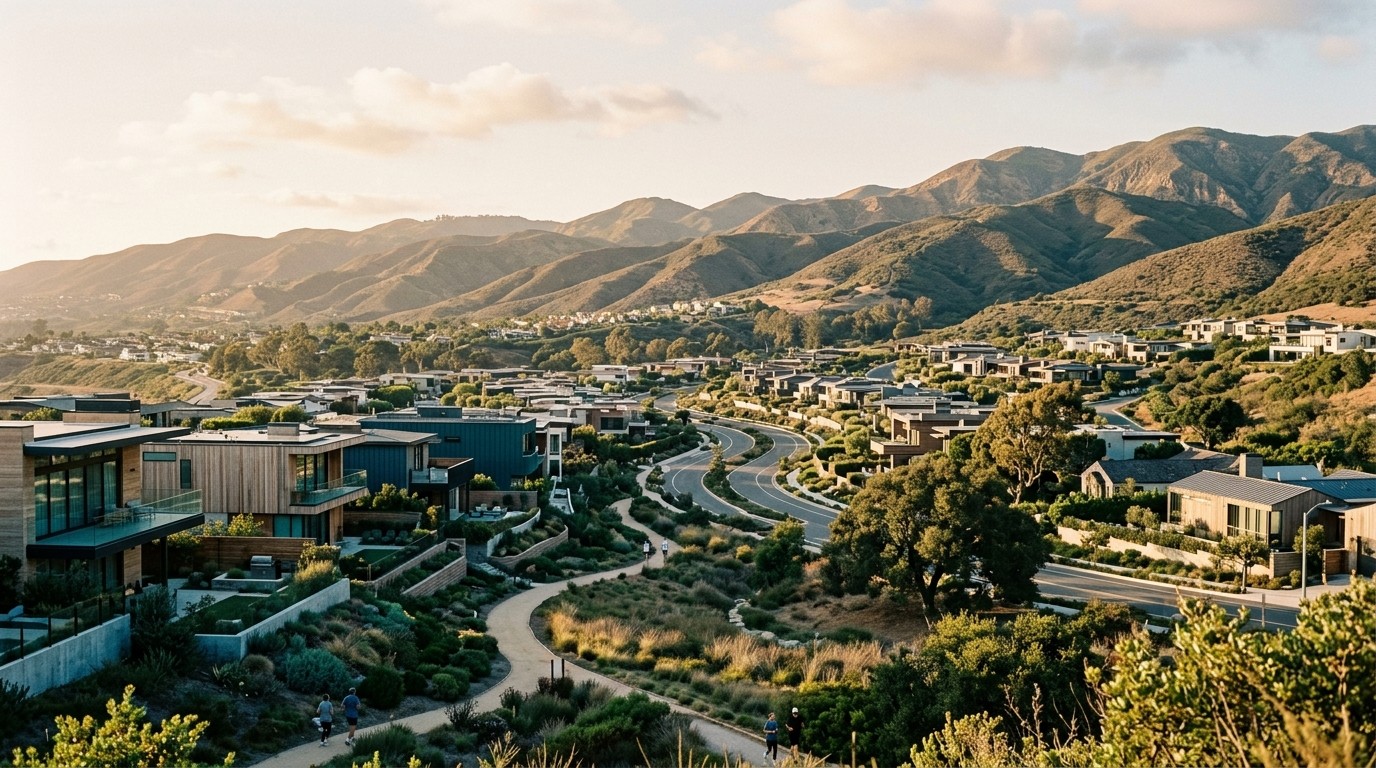 Hillside community of contemporary homes stepping down a canyon at golden hour, walkers on a winding trail below rolling Southern California hills and a ridgeline.