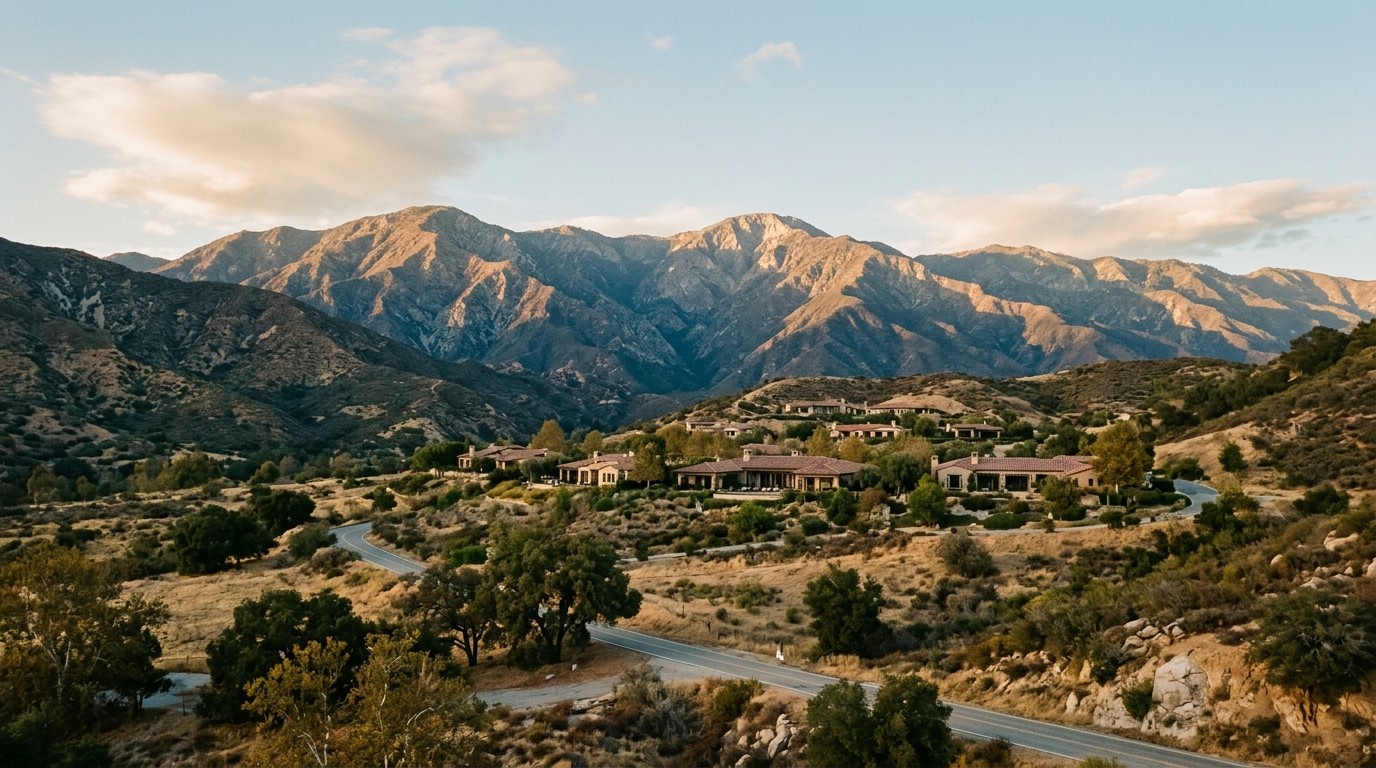 Aerial view of a Southern California foothill neighborhood at sunset, tile roof homes and a winding two lane road set below a tall chaparral covered mountain range, the terrain Premier Limb Lengthening patients travel in from across the state.