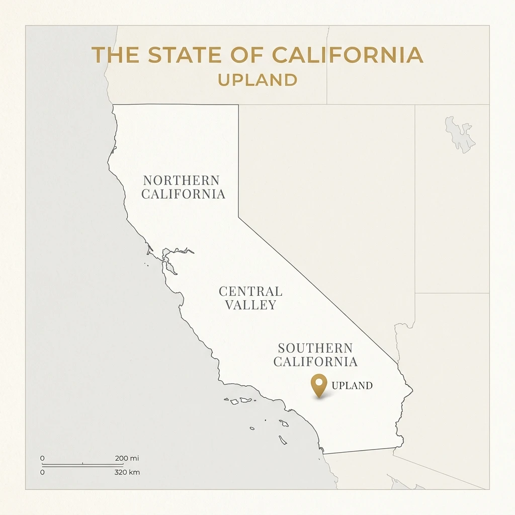 Minimalist map of California showing Premier Limb Lengthening clinic location in Upland and regional access